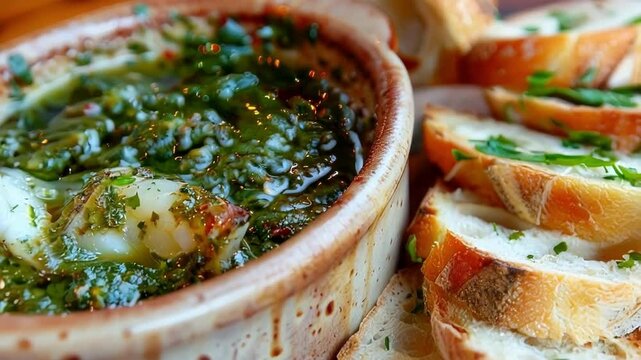 Baked cod with pesto sauce served in a ceramic bowl, accompanied by toasted baguette slices with herbs on a rustic wooden table
