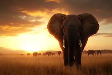 Obraz premium A large elephant standing in a grassy field with a herd of elephants in the background