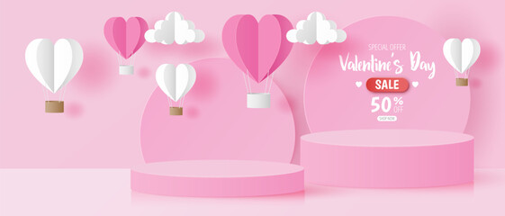 Paper cut of Valentine's Day background with pink cylinder podium and pink heart for products display presentation, poster, banner