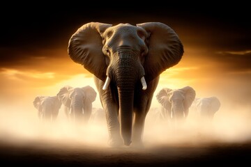 Obraz premium A herd of elephants walking across a dirt field