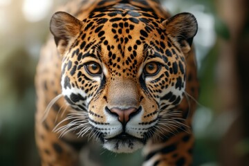  A close up of a jaguar's face in the jungle