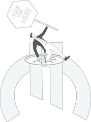 Businessman struggles to escape from a Euro sign shaped deep hole