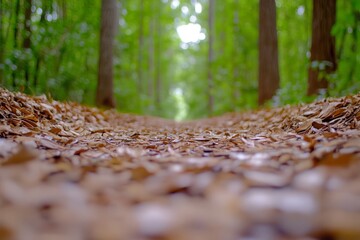 A path in the middle of a forest covered in leaves
