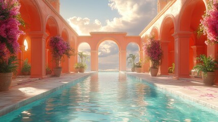 Serene poolside scene with vibrant flowers and arches.