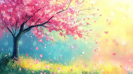 Naklejka premium Pink cherry blossom tree with falling petals in a field.