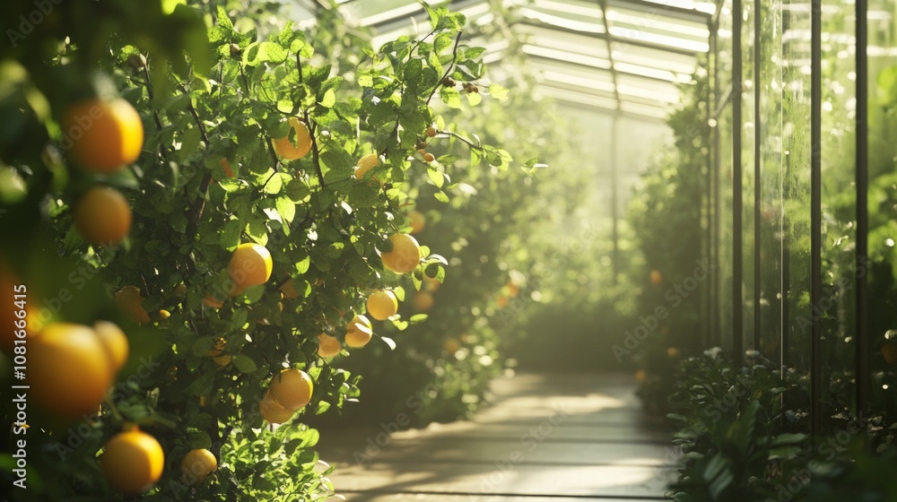 Poster a row of orange trees with many oranges hanging from the branches