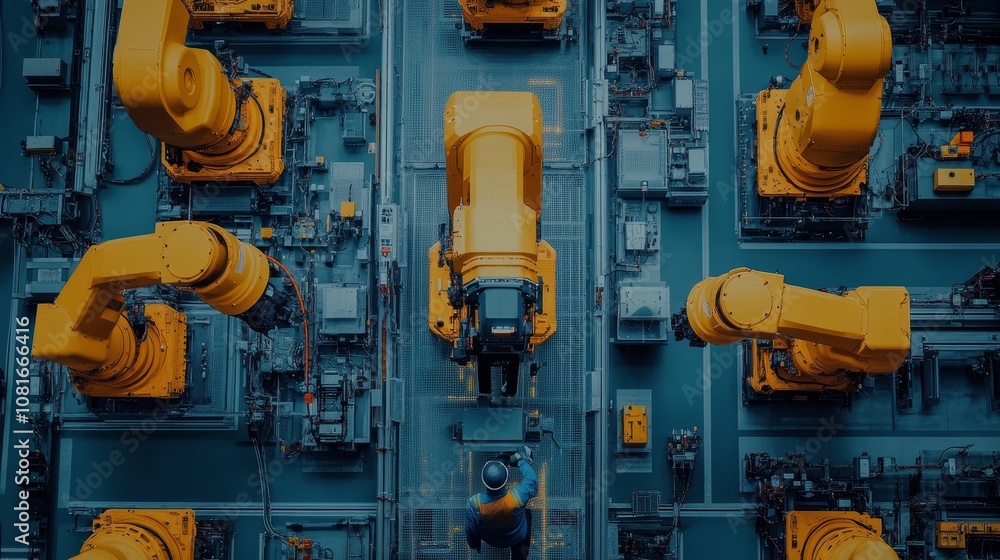 Poster aerial view of multiple yellow industrial robots on a circuit board