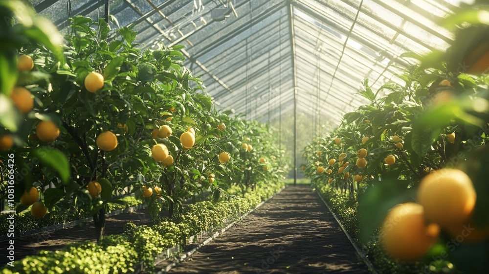 Poster a greenhouse with a row of trees with oranges on them