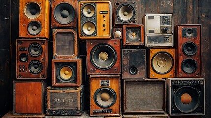 stack of old wooden speaker cabinets of different sizes