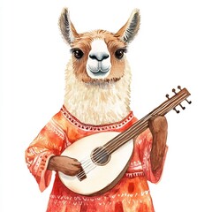 Naklejka premium Adorable Watercolor Llama Playing Lute on White Background