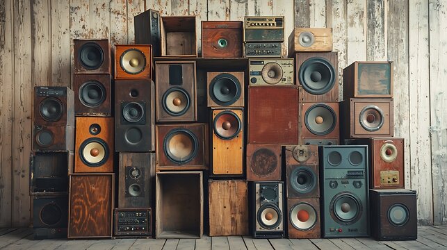 stack of old wooden speaker cabinets of different sizes