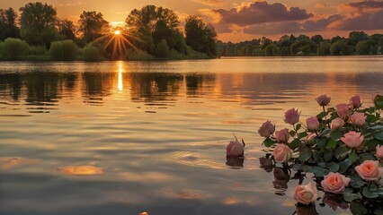 A romantic sunset over a tranquil lake, with heart-shaped clouds reflecting on the water, surrounded by blossoming roses and soft golden light
