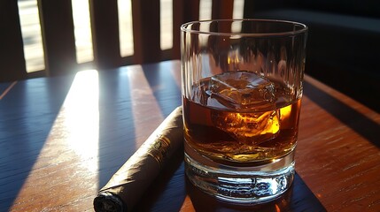 Whisky nice glass, no ice, thik cigar in the table, fashion clothes, use camera flash style look like he was in a intimate party, minimalist and luxury