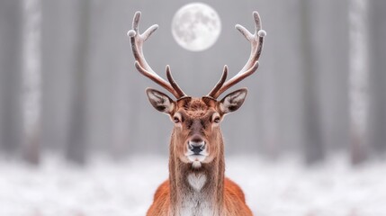 A majestic deer stands in a snowy forest with a full moon in the background.