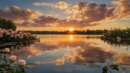 A romantic sunset over a tranquil lake, with heart-shaped clouds reflecting on the water, surrounded by blossoming roses and soft golden light
