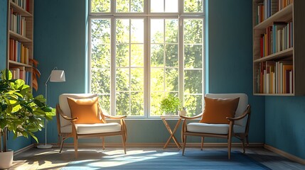 serene therapy room, two chairs facing, sunny window, psychology books on shelf, calming blue walls, harmonious atmosphere