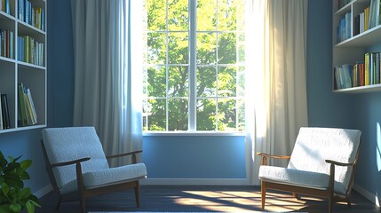 serene therapy room, two chairs facing, sunny window, psychology books on shelf, calming blue walls, harmonious atmosphere