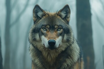 Obraz premium A wolf stares intensely at the camera through a misty forest.