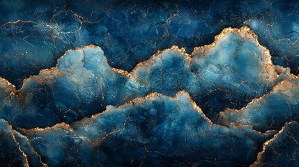 Abstract blue and gold textured background resembling waves or mountains.