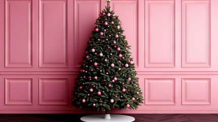 A pink Christmas tree with pink ornaments in front of a pink wall.