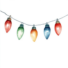 Colorful watercolor Christmas lights hanging on string, creating festive atmosphere. Perfect for holiday decorations and seasonal designs