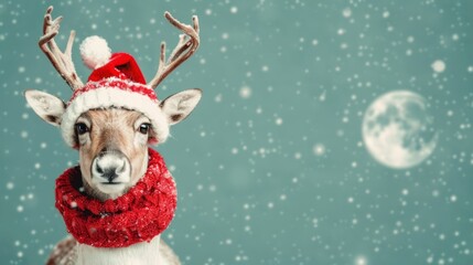A reindeer wearing a Santa hat and scarf against a snowy sky with the moon in the background.