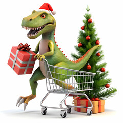 Naklejka premium Happy Dinosaur Pushing Shopping Cart with Christmas Gifts