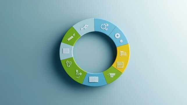 Colorful circular infographic with various icons representing different business or technology concepts