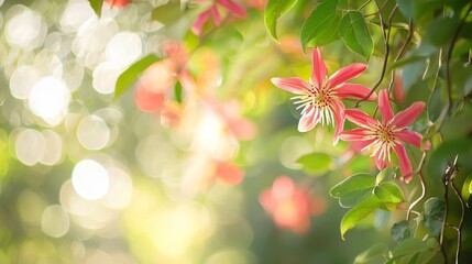 Fototapeta premium A flower with a red center and green leaves