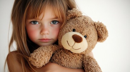 A young girl is holding a teddy bear