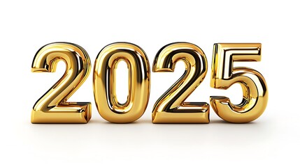 Golden 3D numbers, "2025" isolated on white background. Bright metallic, realistic