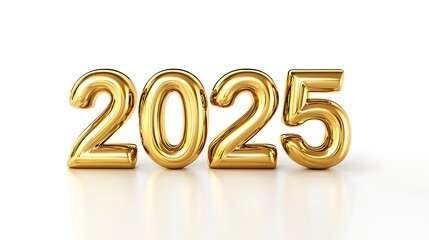 Golden 3D numbers, "2025" isolated on white background. Bright metallic, realistic