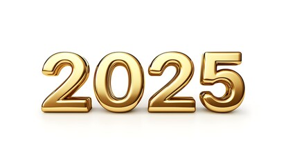 Golden 3D numbers, "2025" isolated on white background. Bright metallic, realistic