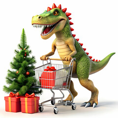 Obraz premium Happy Dinosaur Pushing Shopping Cart with Christmas Gifts