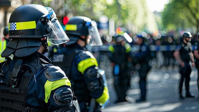 Law enforcement officers equipped with riot gear, maintaining order and security during a public demonstration in a city environment