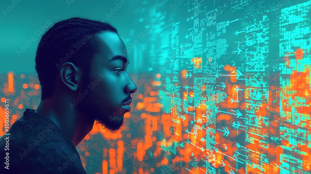 Poster young man data stream cityscape technology future code innovation digital network progress ai
