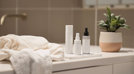 Minimalist bathroom counter with skincare products, towel, and small plant, self-care theme, stock photo