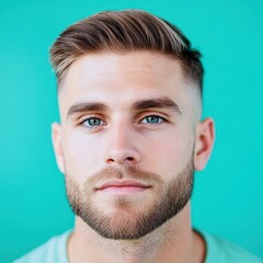 Obraz premium Handsome young man with stylish haircut and beard against vibrant turquoise background