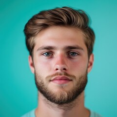 Obraz premium Handsome young man with stylish hairstyle and beard against turquoise background