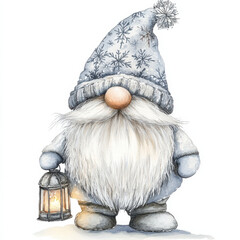 whimsical gnome with snowy hat and lantern, exuding cozy winter charm. This character embodies spirit of season with its fluffy beard and cheerful demeanor