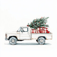 vintage white truck carrying Christmas tree and wrapped gifts, evoking festive holiday spirit. Perfect for seasonal decorations and greeting cards