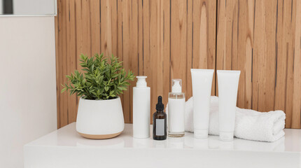 Skincare products on bathroom counter with plant, self-care routine in minimalist bathroom, stock photo