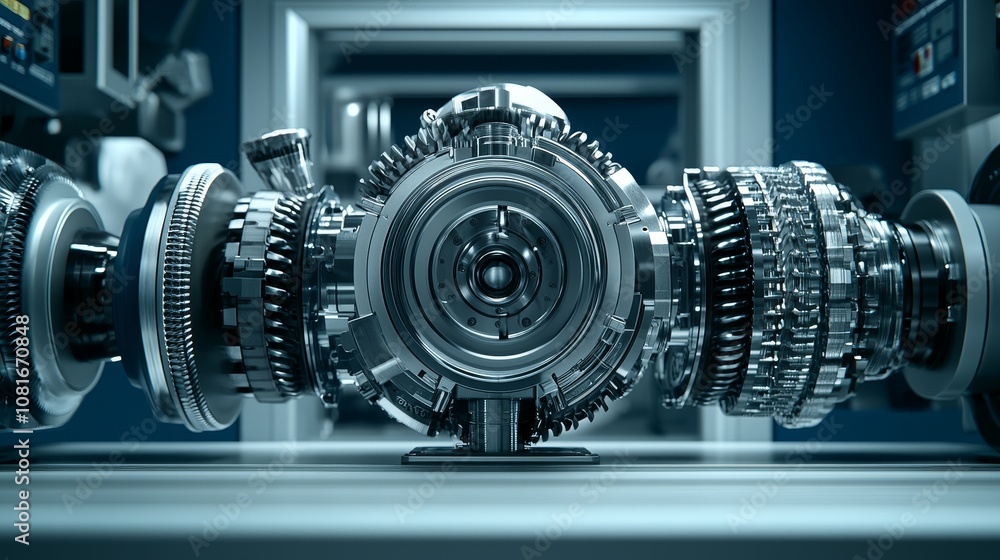 Poster a complex machine with rotating gears and cogs