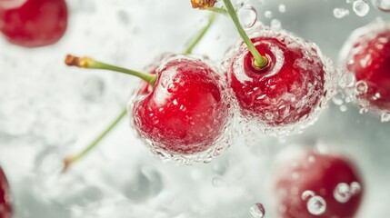 Two cherries are floating in a glass of water