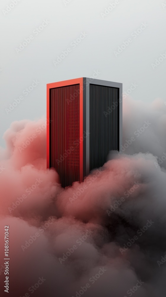 Poster A towering skyscraper emerges from wispy clouds, illuminated with a reddish hue, creating a dramatic and surreal visual atmosphere.