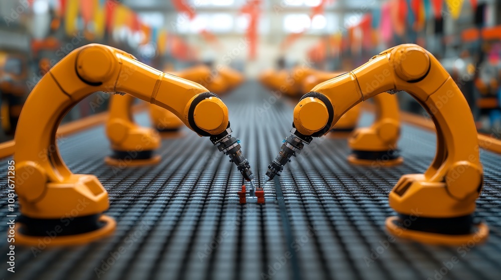 Poster robotic arms working in a factory assembly line