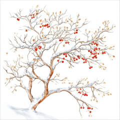 Fototapeta premium beautiful watercolor painting of tree with red berries, snow covered branches, and delicate leaves. serene winter scene captures essence of nature beauty