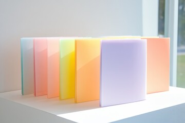 Colorful books arranged on a white table