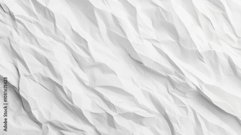 Poster a close-up view of crumpled white paper, showcasing its textured surface with visible folds and crea
