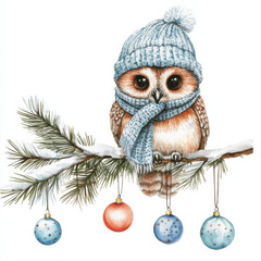 cute owl wearing blue hat and scarf sits on snowy branch, surrounded by colorful ornaments, evoking cozy winter atmosphere